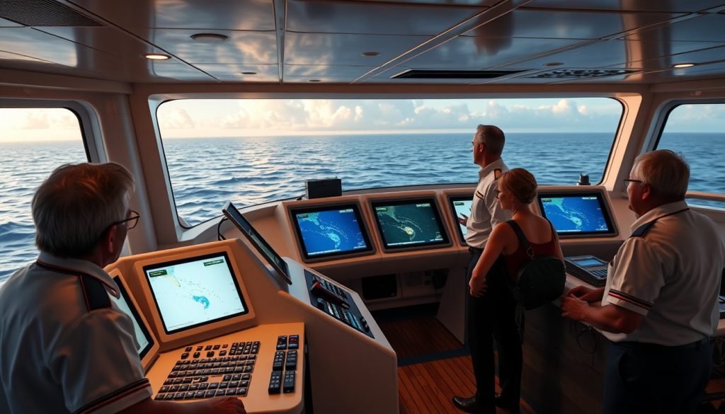Wide view of a high-tech cruise bridge, with multiple monitors showing storm paths and officers calmly coordinating the route