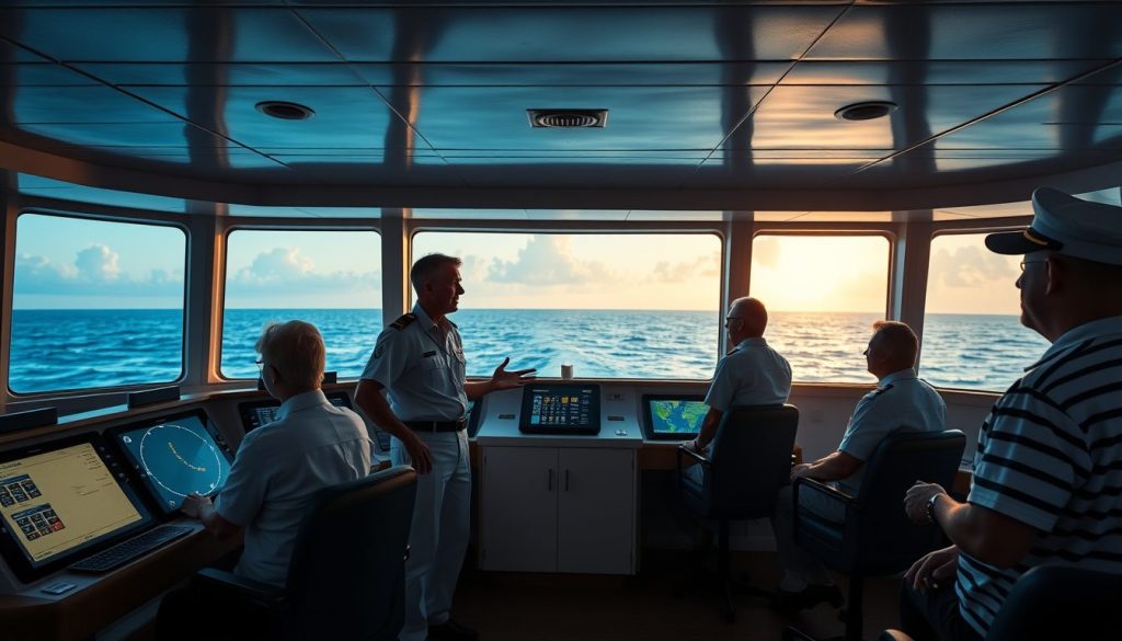 Calm, organized bridge scene with officers focused on instruments and a glowing horizon, highlighting safe navigation and professional ship handling