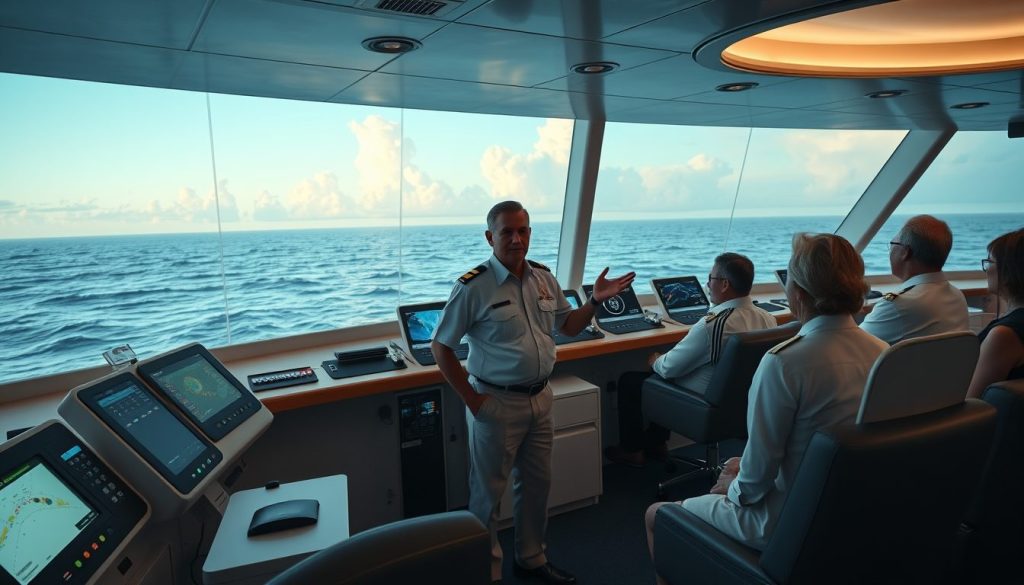 Professional bridge scene showing the captain leading a relaxed meeting with his team, emphasizing controlled, safe navigation in clear conditions.