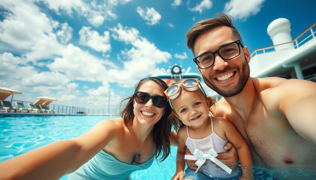Family vacation moment captured as two adults and a child laugh together in a cruise ship pool on a bright, calm afternoon