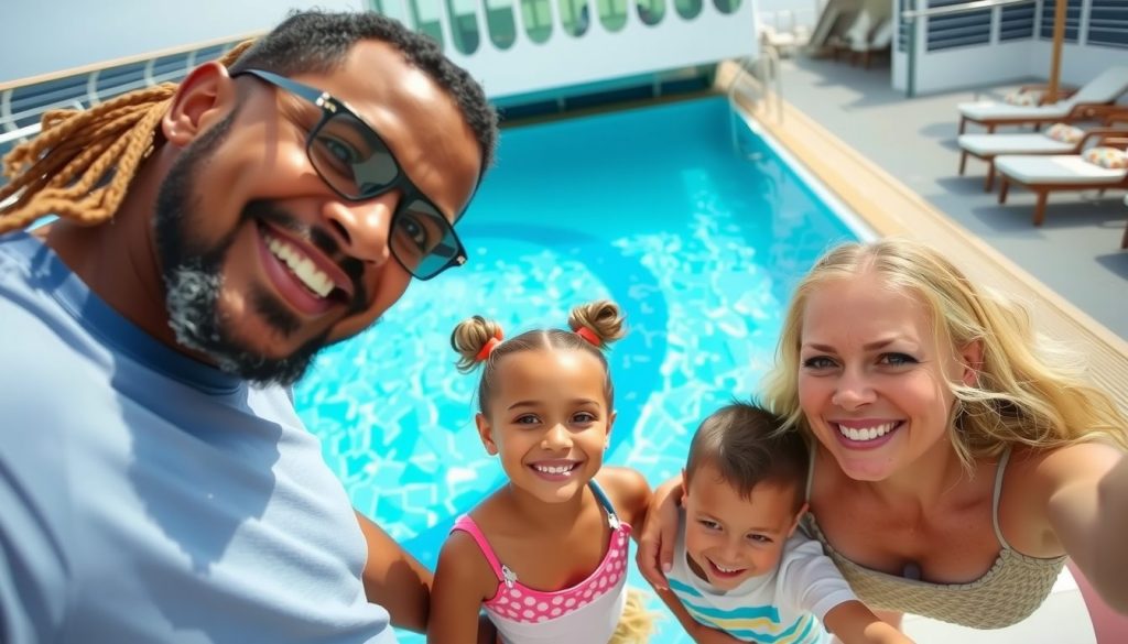 oyful cruise moment with a diverse family smiling at the camera, turquoise pool tiles shimmering behind them on the open deck