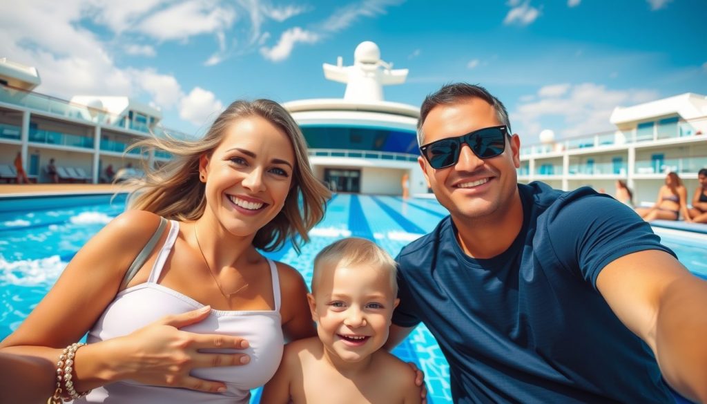 Parents in casual summer clothes and sunglasses snap a close-up vacation selfie with their blonde toddler on a cruise ship