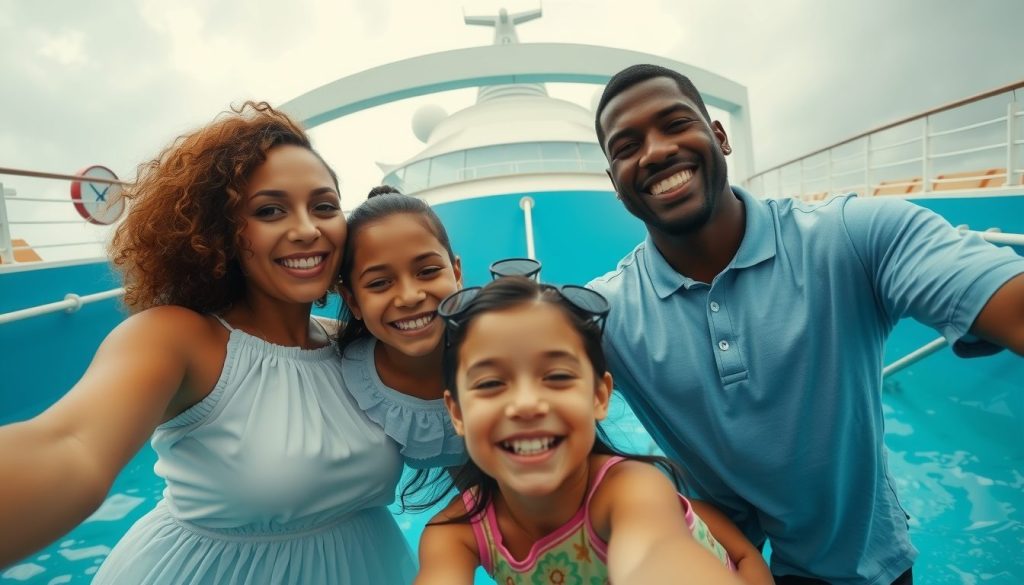 Smiling family of four takes a close-up selfie on the pool deck of a cruise ship, with bright teal railings and superstructure behind them