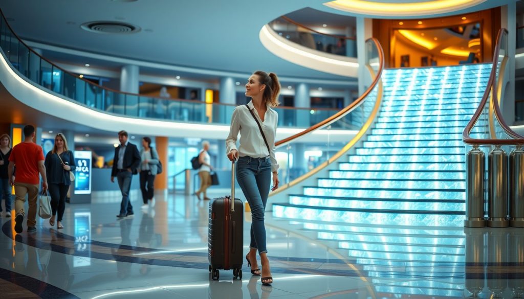 Woman arriving for her cruise pulls a brown carry-on past other guests, the bright blue steps of the grand staircase lighting the scene