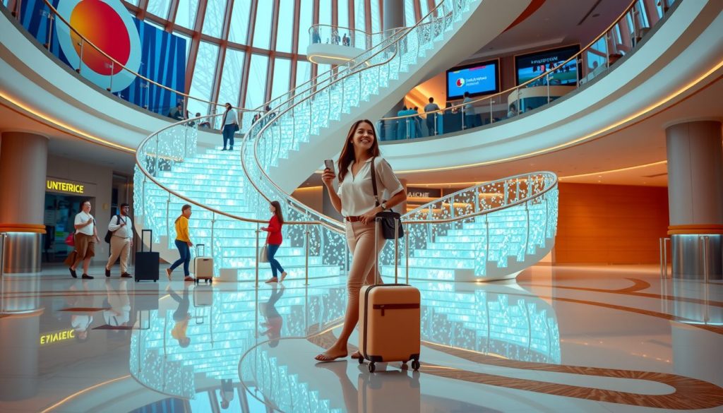 Embarkation scene inside a contemporary cruise ship lobby, featuring a large illuminated staircase, high windows, and travelers moving with their bags
