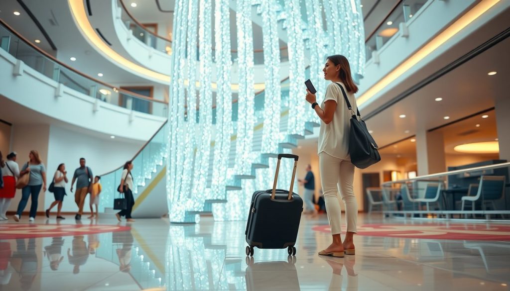 Woman with a backpack and wheeled suitcase takes in the atrium’s dramatic LED feature as fellow guests stroll past in the background