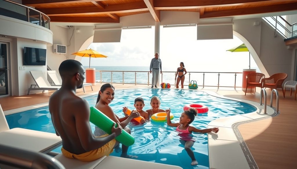 Relaxed sea-day scene on a partially covered cruise deck where families enjoy the pool and crew members stand nearby